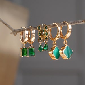 Emerald Dangling Hoop Earrings - 18 Karat Gold Plated Hoops - Dangling Earrings - Bridesmaid Gifts - Elegant Everyday Jewelry