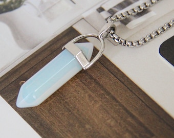 Opal Crystal Point Necklace - Crystal Healing Long Necklaces - Bohemian Vibe - Silver Necklaces - Stone Pendant - Boho Jewelry