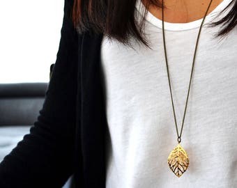 FILIGREE Gold Leaf Necklace - Leaf Necklace - Gold Leaf Pendant - Long Necklace - Layering Necklaces - Boho Jewelry - Bohemian Necklaces