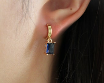 18 Karat Gold Plated Blue Zircon Dangling Hoop Earrings - Gold Dangling Earrings - Bridesmaid Gift - Wedding Jewelry - Elegant Jewelry