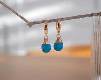 18k Gold Plated Hoop Earrings - Turquoise Teardrop Dangling Earrings - Bridesmaids Earrings - Summer Earrings - Minimalist and Boho