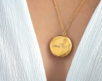 Personalized Locket with Photo - Birth Flower or Initial- Gift idea for Someone Special - Custom keep safe locket necklace - Minimalist