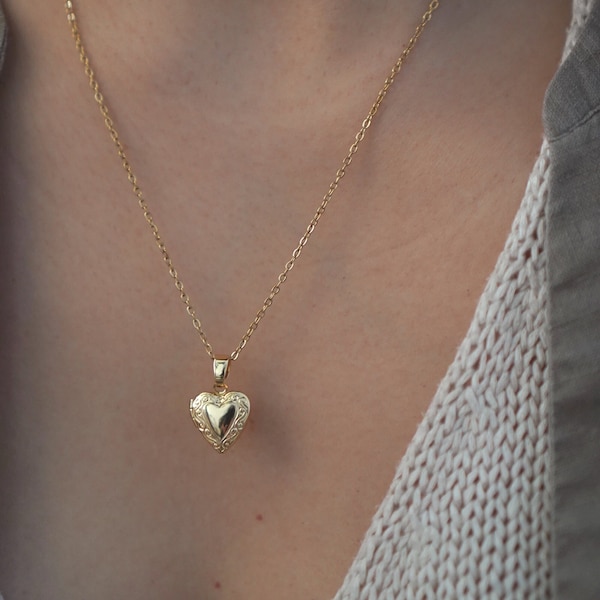 Medallón de corazón chapado en oro de 18k - Medallón de corazón delicado con fotos - Collar de encanto de medallón - Medallón de amor - Regalo para ella - Regalo del día de San Valentín