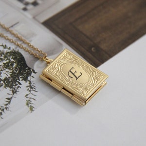 Gold Locket Necklace - Book Locket Necklace - Book Lover Gift - Personalized Engraved Locket with Photo - Stainless steel Tarnish Free Chain