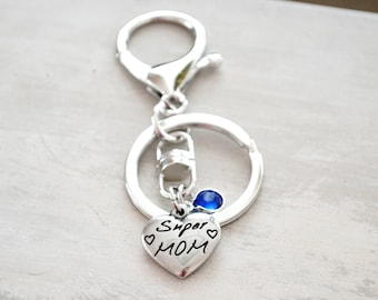 Personalized with Birthstone - Super Mom Keychain -Best Mom Gift-  Mother's day Gift  - Mothers day Gift - Personalized Keychain