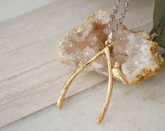 Large Wishbone with Bird Pendant - Gold Wishbone Necklace- Long Wishbone Necklace - Bohemian Vibe