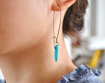 Turquoise Howlite Spike Earrings – Antique Brass Hoops, Minimalist Boho Style