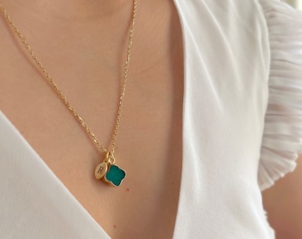 Genuine Gemstone Necklace - Clover Leaf  - Gold Necklace - Crystal Necklace - Lapis Lazuli -Jade - Boho - Layering Necklace - Gemstones