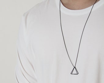 Matte Black Double Triangle Pendant Necklace – Geometric Gunmetal Chain Jewelry