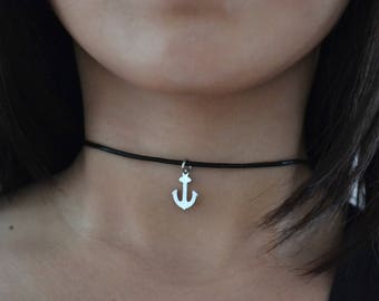 Little Anchor Necklace - Anchor Charm Jewelry - Black Leather Choker