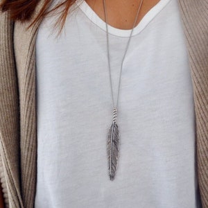 Large Feather Long Layering Necklace - Layering necklace - Silver Large Feather - Minimalist Jewelry - Layering Necklaces - Durable Chain