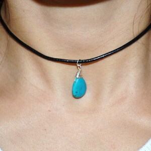 Turquoise Stone Necklace - Turquoise Stone Pendant - Tear Drop Stone Charm - Black leather Choker Necklace - Bohemian Jewelry