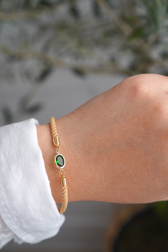 Emerald Nylon Bracelet – 18K Gold Plated Adjustable Chain Jewelry