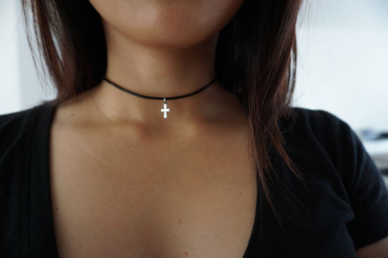 Mini Cross Choker Necklace -Black Leather Choker - Minimal Jewel Mini Cross Choker Necklace -Black Leather Choker - Minimal Jewel