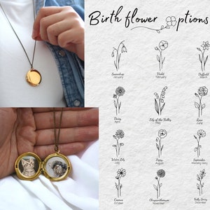 Elegant Round Gold Locket with Photo- Birth Flower Necklaces - Engraved Personalized Stainless Steel Locket - Gift idea- Custom Photo Locket