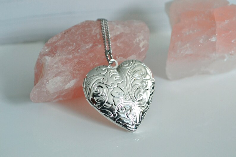 Floral Necklace Gift For her Silver Locket Necklace Valentines Gift Bridesmaids Gift Mothers Gift Silver Heart Locket Necklace
