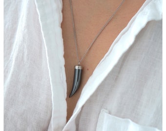 Hematite Silver Long Necklace - Long Necklaces for Women - Silver necklace with Tusk Pendant - Unisex Jewelry - Layered Necklaces