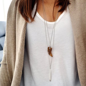 Layering Necklaces Set – Tiger Eye Tusk & Silver Metal Drop, Handmade Jewelry