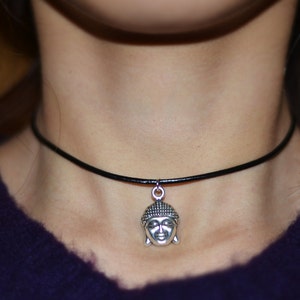 Buddha Choker Necklace - Lucky Buddha Charm Necklace - 90&#39;s grunge fashion -Boho Vibe - Black leather Necklace