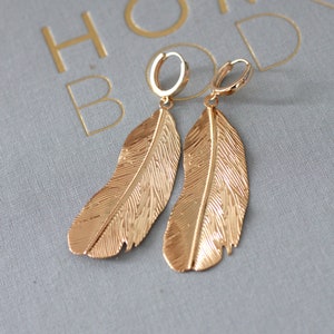 Feather Earrings - Dangling Gold Earrings - Gold Hoops Earrings - Bohemian Jewelry - Elegant Dangling Earrings - Bohemian Style Jewelry