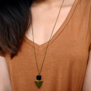 Geometric Necklace – Antique Bronze Triangle, Matte Black Wood Beads