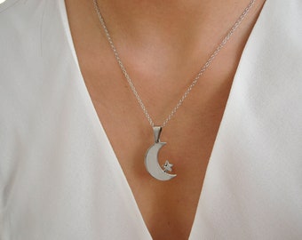 Silver Moon Necklace - Half Moon with Star Pendant - Long Necklaces - Silver Moon Pendant - Everyday Jewelry