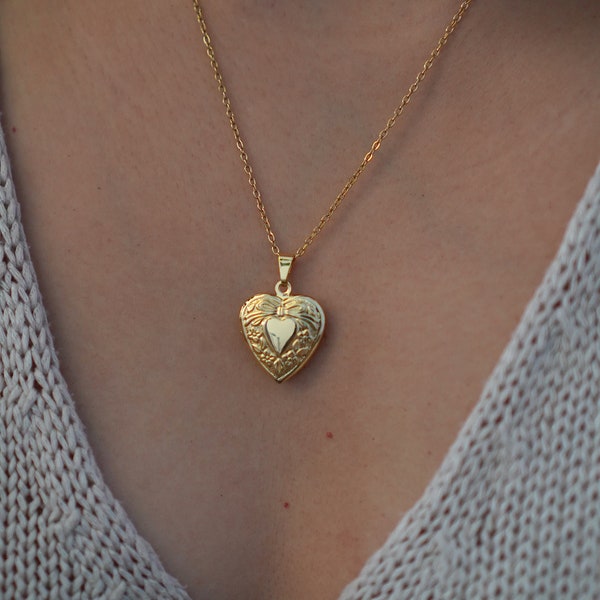 18k Gold Heart Locket Necklace - Locket Picture - Valentine's Day Gift - Gold Locket Necklace for Women - Floral Design - Locket Charm