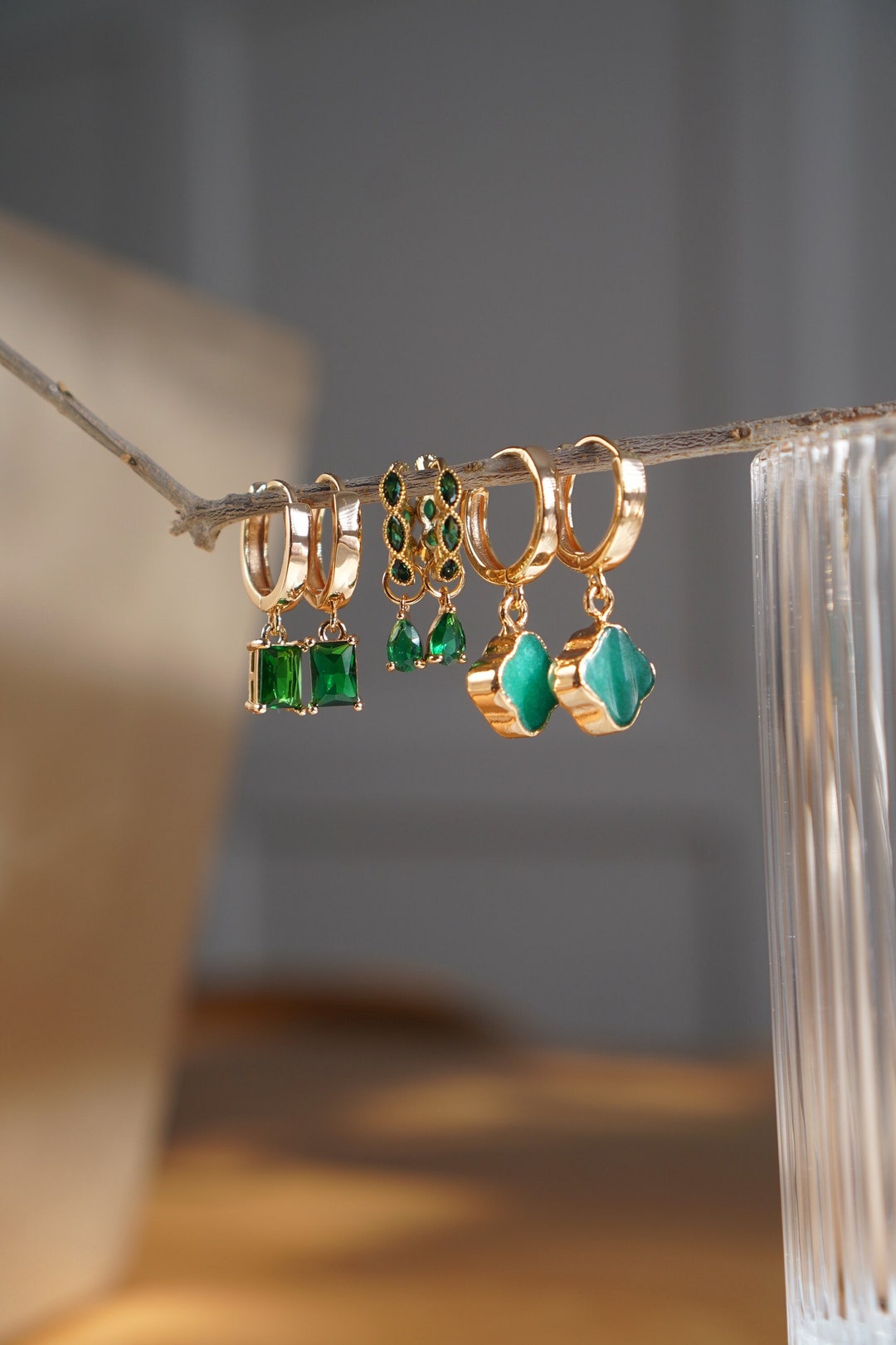 Emerald Dangling Hoop Earrings - 18 Karat Gold Plated Hoops - Dangling ...