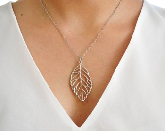 Delicate Antique Silver LEAF NECKLACE - Long Leaf Necklace - Minimal Modern Jewelry -Simple Long layering Necklace - Everyday jewelry