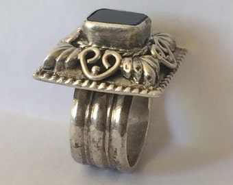 Chunky Bold Square Filigree Sterling Silver and Black Onyx Statement Ring Size 6