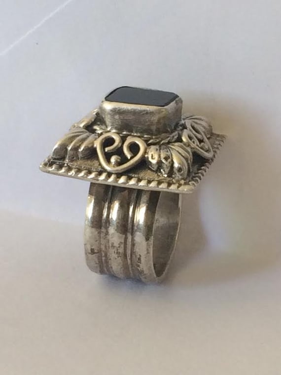 Chunky Bold Square Filigree Sterling Silver and Bl