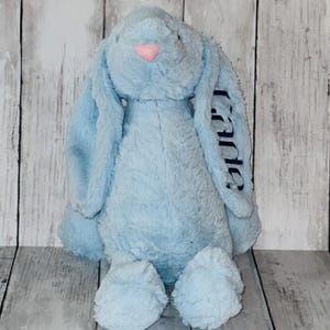 May include: A light blue plush bunny with long floppy ears. The bunny has a pink nose and is embroidered with the name "Jane".