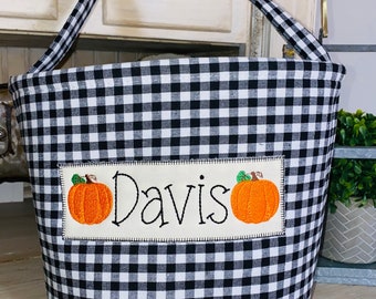 Personalized Halloween Trick or Treat Bag: Embroidered Gingham Basket