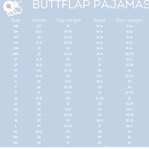 May include: A size chart for pajamas with measurements in inches for chest, top length, waist, and pant length. The chart includes sizes from newborn to 3XL.