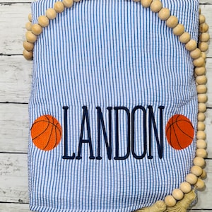 Embroidered Blue Seersucker Beach Towel: Personalized Cotton Terry Cloth