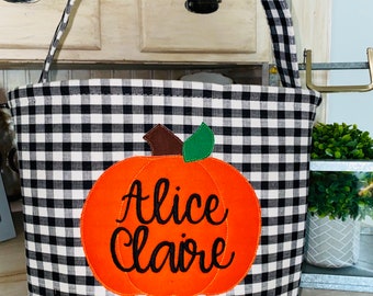 Personalized Halloween Trick or Treat Bag: Embroidered Pumpkin Canvas Tote