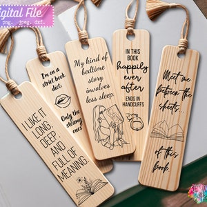 May include: Set of six wooden bookmarks with different sayings. The bookmarks feature black ink and illustrations of books and other objects. The sayings include "I'm on a strict book diet", "My kind of bedtime story involves less sleep", "In this book happily ever after ends in handcuffs", "Meet me between the sheets... of this book", "I like it long, deep, and full of meaning", and "Only the steamy ones".