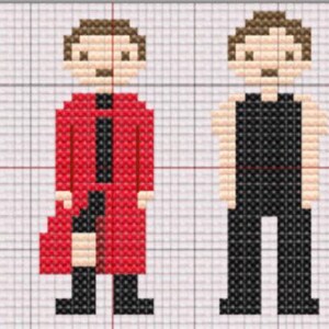 May include: Cross-stitch pattern featuring three figures. The central figure is in a red coat with a black stripe down the front. The other figures are in brown and black outfits. The background is a grid.