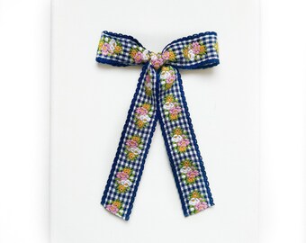 Heirloom Gingham Floral Bow 6” Tails ~ Navy