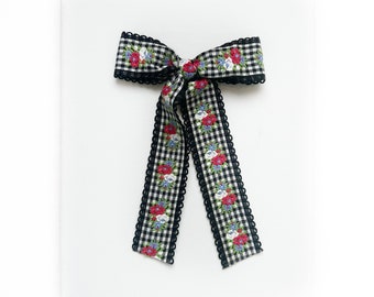 Heirloom Gingham Floral Bow 6” Tails ~ Black