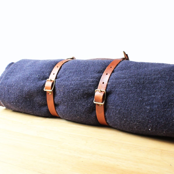 Leather Strap Blanket Carrier with Navy Blue Wool Blanket