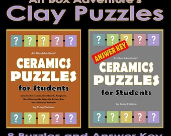 May include: Two colorful book covers with the title "Ceramics Puzzles for Students" and the text "Art Box Adventures'" on each. The cover on the left has the text "8 Puzzles" and the cover on the right has the text "Answer Key".