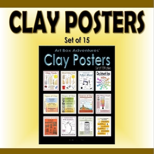 Klei, keramiek, posters, gereedschap, spoelen, apparatuur, oven, podia
