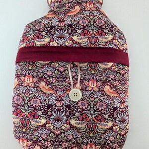 William Morris Strawberry Thief wine colour fabric hot water bottle cover (with bottle)