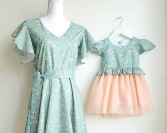 Mother Daughter Light  Mint Floral Matching Dresses - Woman V Neck Dress- Girl Tulle Dress- Mom and Baby Clothes - Family Photoshoot Outfit