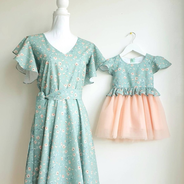 Mother Daughter Light  Mint Floral Matching Dresses - Woman V Neck Dress- Girl Tulle Dress- Mom and Baby Clothes - Family Photoshoot Outfit