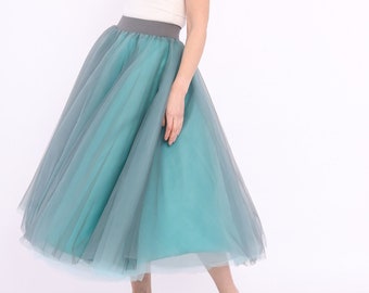 5 Layers Midi Full Circle Gray Blue Tutu Skirt - Adult Women Tulle Long Skirt- Wedding Bridesmaid Dress-Fluffy Tutu Retro Style-Gift for her