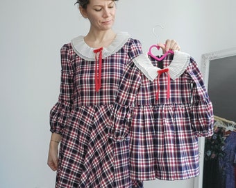 Mother Daughter Red Plaid Tartan Matchy Dresses -Family Matching Outfit - Mommy and Baby Clothes - Photoshoot Outfit - Retro Look Dress