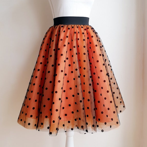 5 Layers Tulle Black Dots - Copper Women Skirt -Orange Tutu Adult - Burnt Orange tulle skirt - Halloween Costume - Gift for her