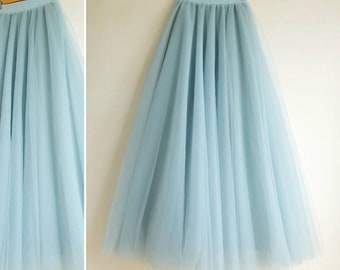 5 Schichten Maxi Grau Blau Tüllrock - Erwachsene Frauen Tüll Langer Rock - Hochzeit Brautjungfer Kleid - Flauschiges Tutu Retro Style-Geschenk für sie